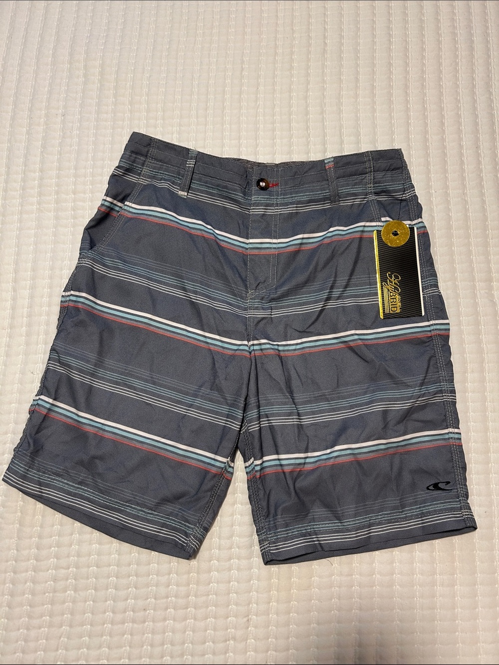 O'Neill Men’s Gray Striped Hybrid Shorts with White, Light Blue & Red Accents
